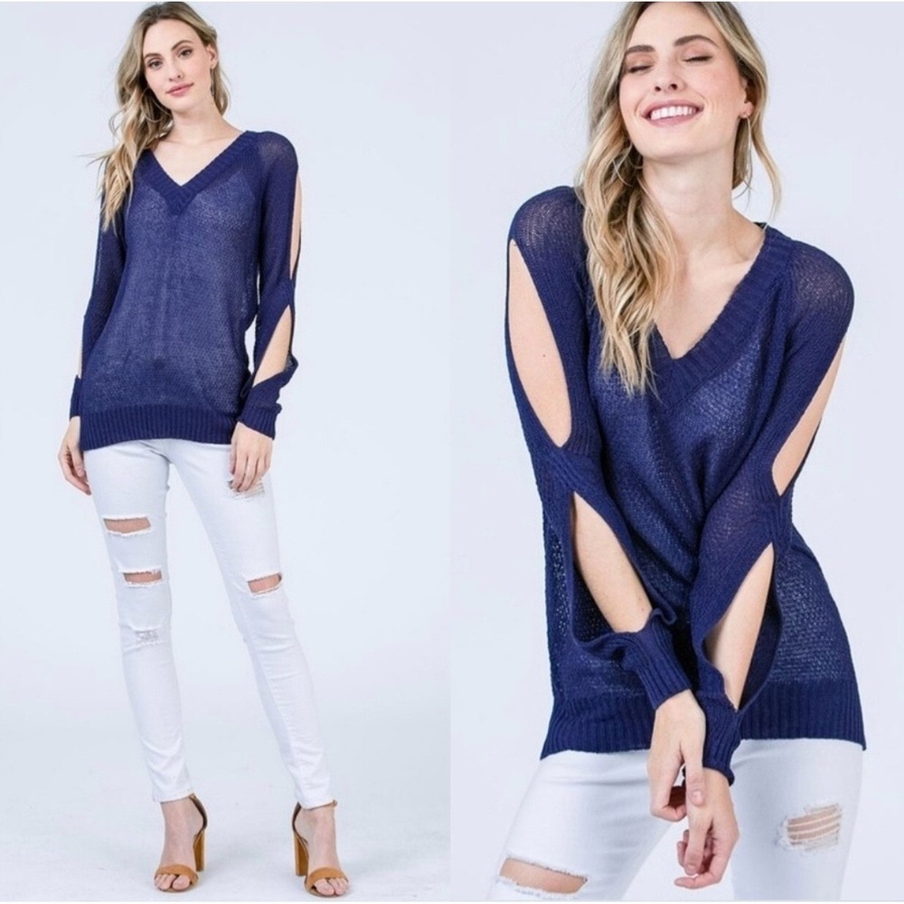 Cozy Casual Navy Blue Split Sleeve Open Knit V-Neck Sweater M/L